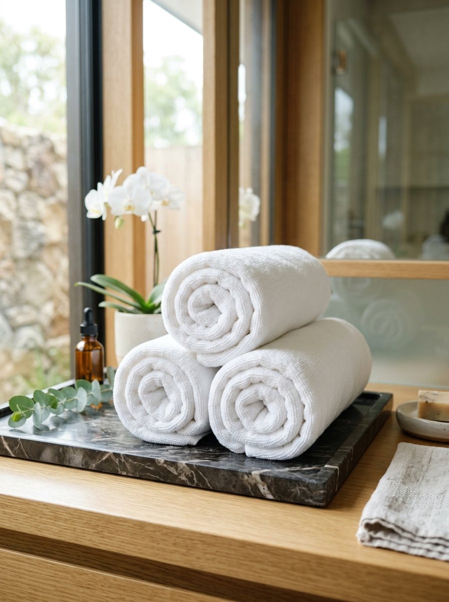 A stack of three soft white rolled towels resting on a black marble tray near an orchid plant and eucalyptus sprig.