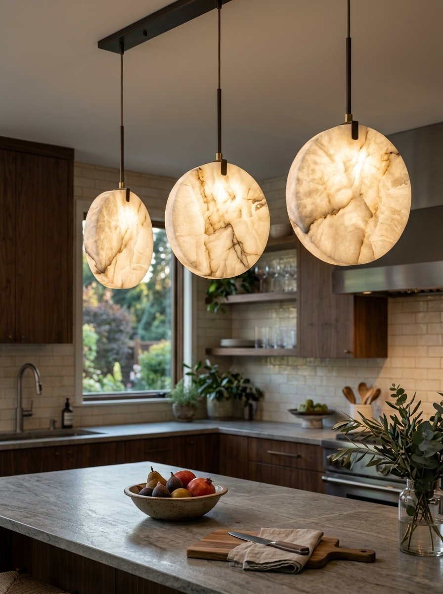 Modern interior featuring three round backlit stone pendant lights suspended above a natural stone kitchen island.