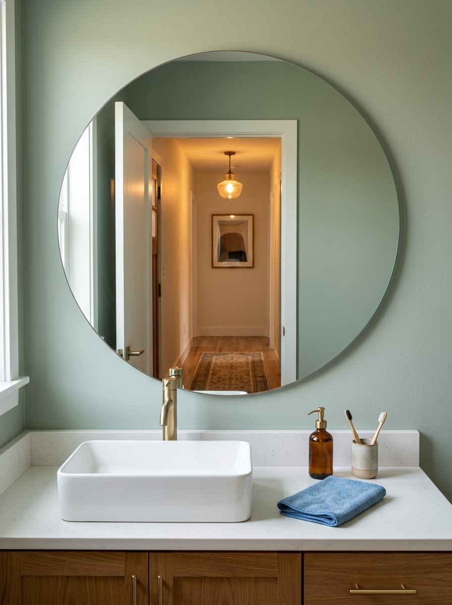 Round frameless mirror above a white sink with toothbrushes and a blue towel on a light wood vanity.