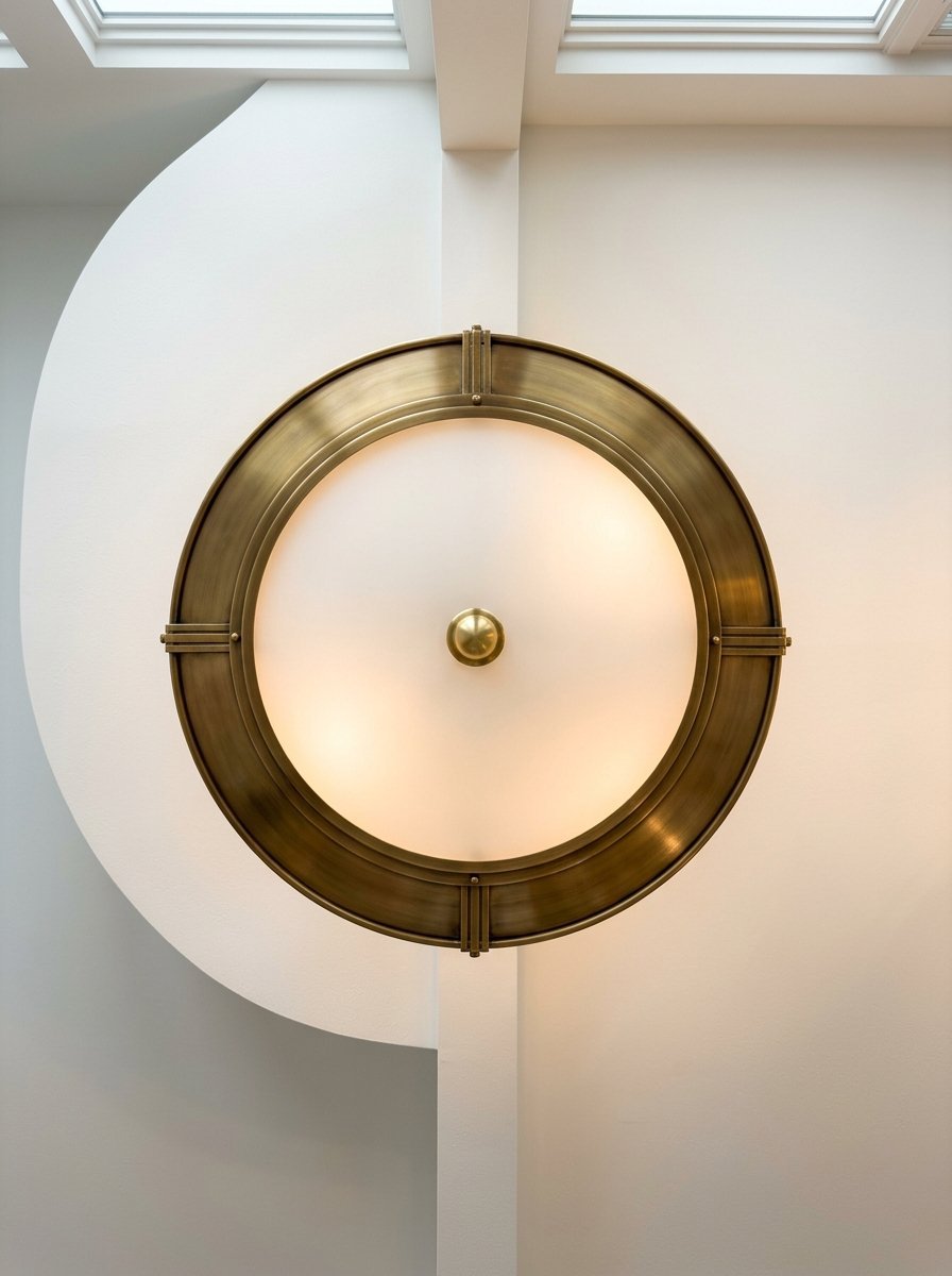 A circular antique brass light fixture with frosted glass centered against a clean white wall.