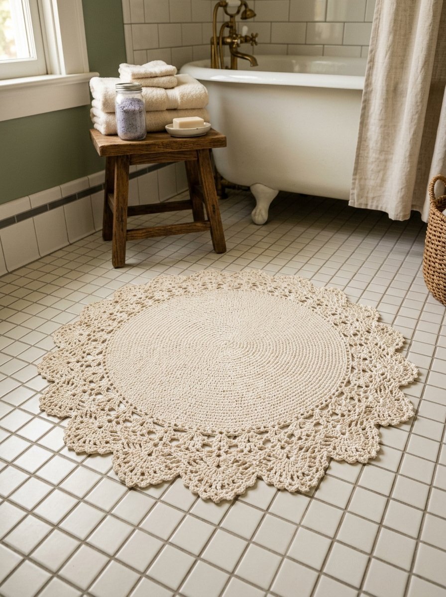 Round, decorative cream-colored crochet bath mat featuring an intricate scalloped lace border.