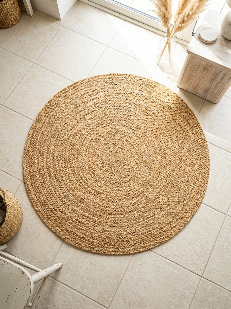 Top view of a circular beige woven rug sitting on white square ceramic floor tiles next to a wooden stool.
