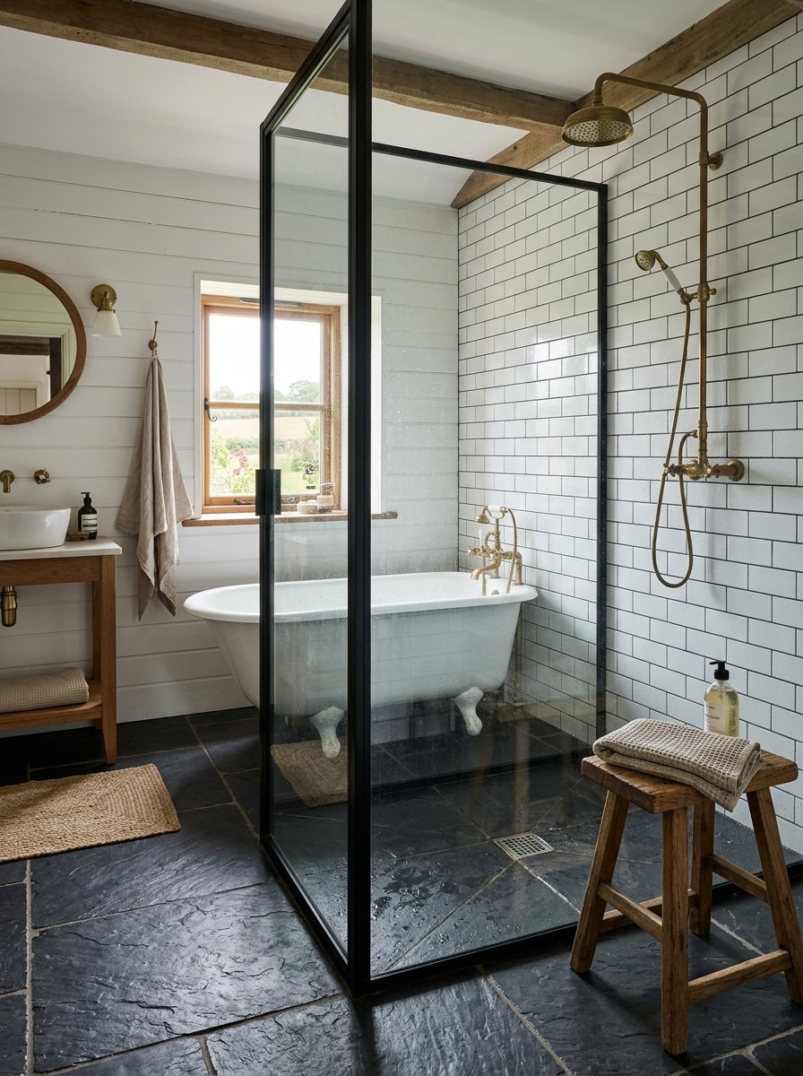 A rustic bathroom with slate floors, a white clawfoot tub, and a modern glass shower enclosure with brass fixtures.
