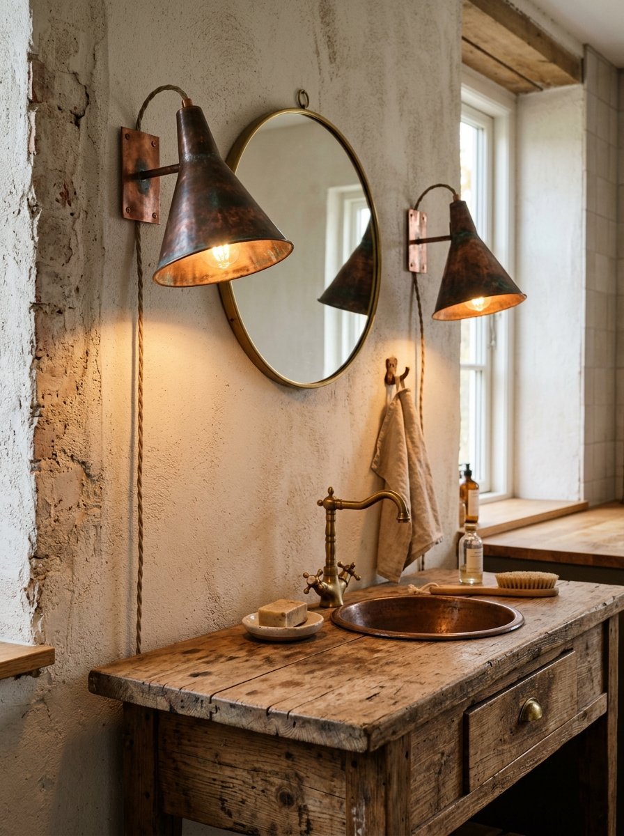 Rustic bathroom sink with a round copper basin on a reclaimed wooden table under antique bronze wall lights.