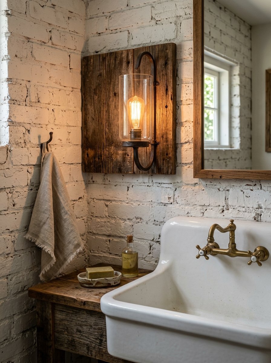 Vintage farmhouse bathroom with white brick walls and a rustic wood mounted glass lantern light fixture.