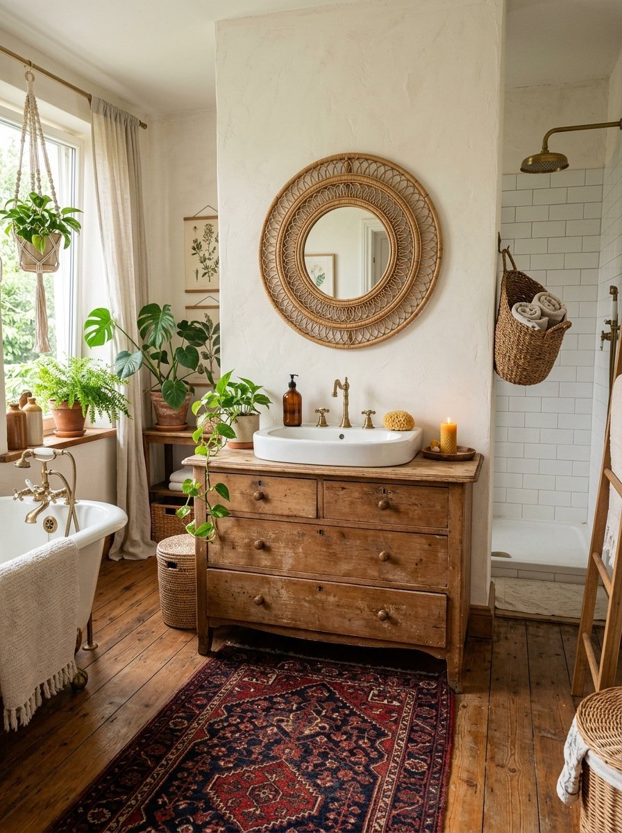 A rustic bathroom with a wooden chest vanity, round rattan mirror, and lush houseplants on a dark vintage rug.