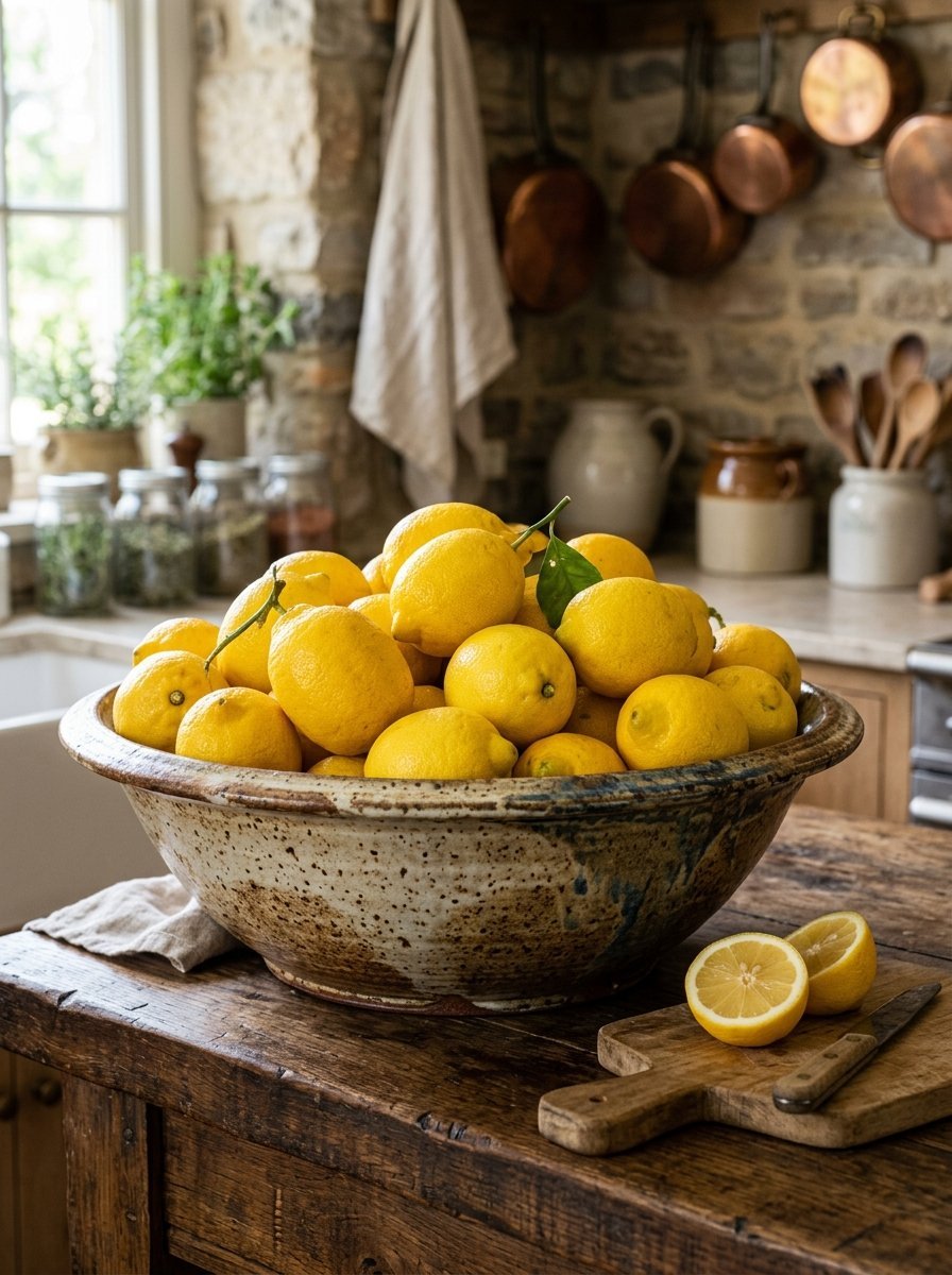 A rustic, speckled ceramic bowl piled high with whole lemons sitting on a weathered wooden kitchen counter.