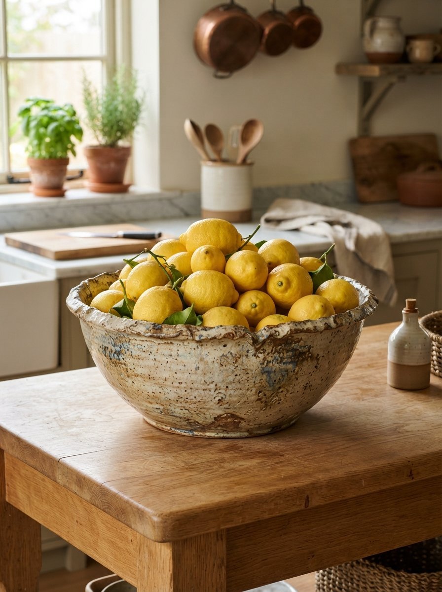 Many fresh lemons heaped inside a rustic, speckled pottery bowl on a wooden farmhouse kitchen table.