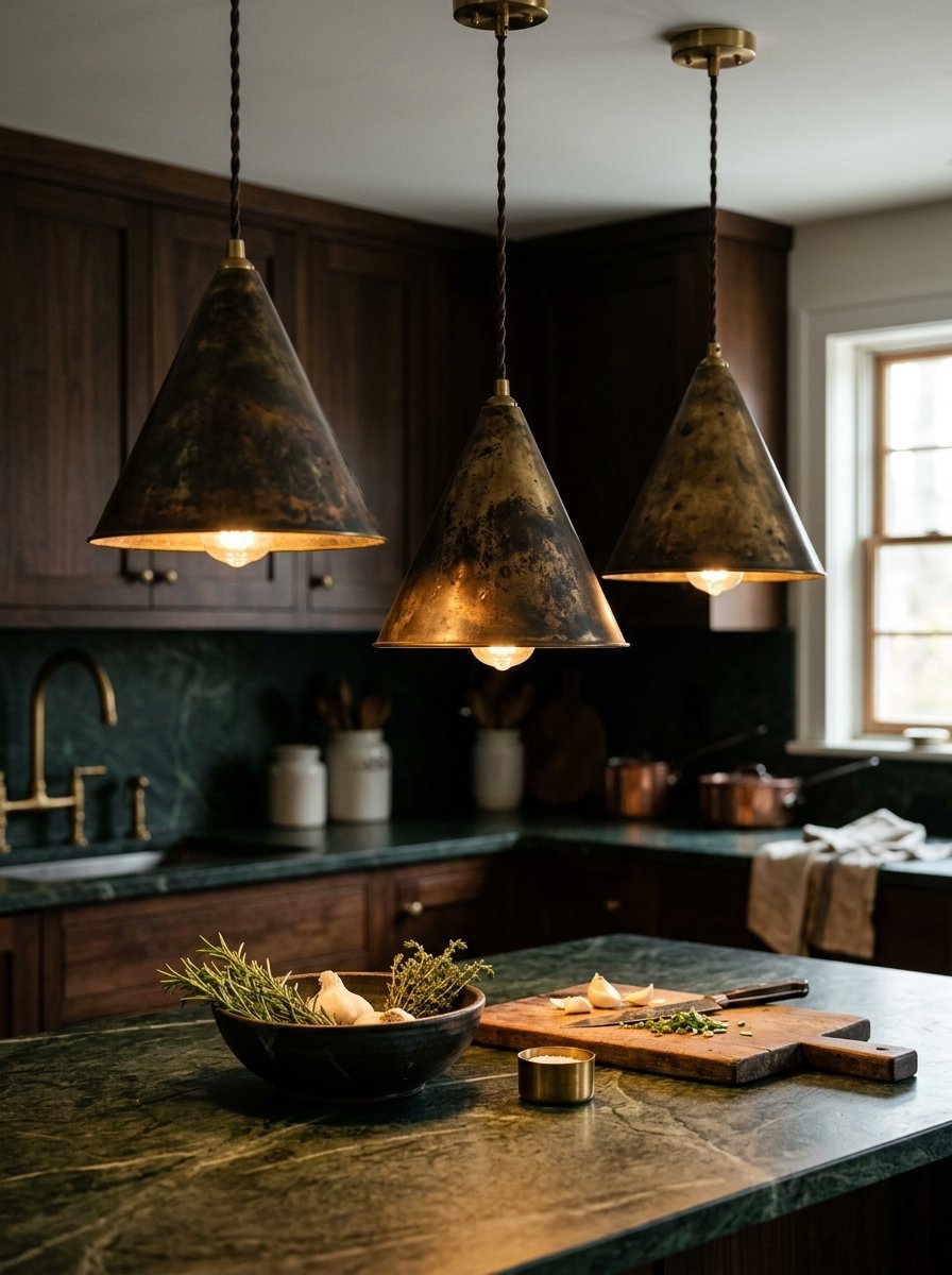 A rustic kitchen island featuring a bowl of herbs, garlic, and a wooden cutting board under three aged brass pendant lights.