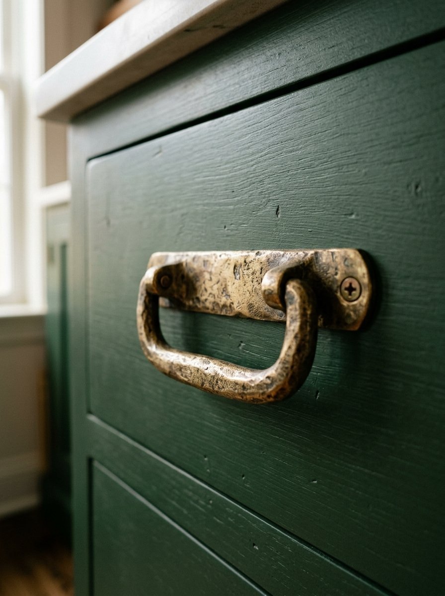 Textured bronze drop pull hardware mounted on a painted dark forest green wooden drawer.