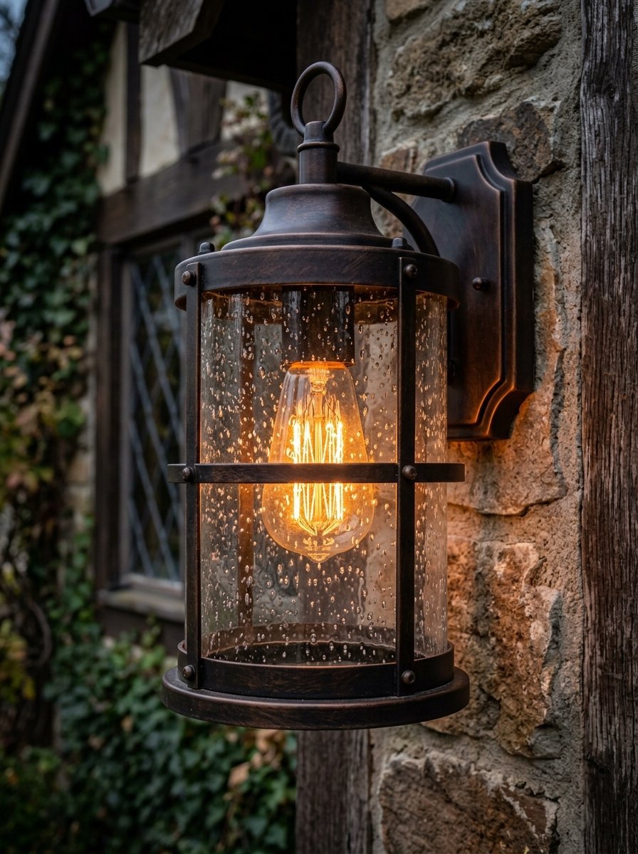A dark bronze outdoor wall light with a glowing Edison bulb inside textured seeded glass.