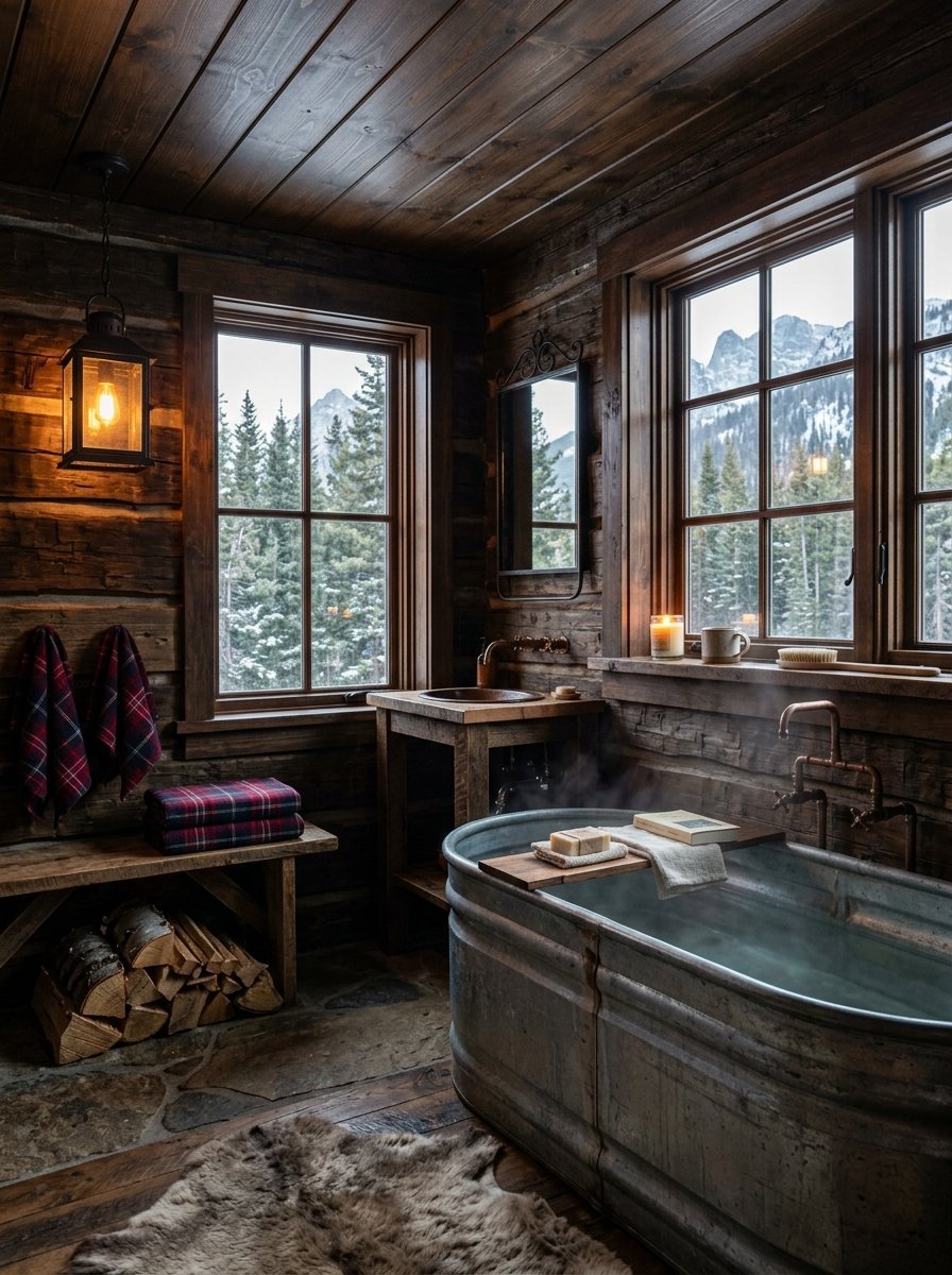 A rustic bathroom with a metal tub, log walls, and a mountain forest view through large windows.