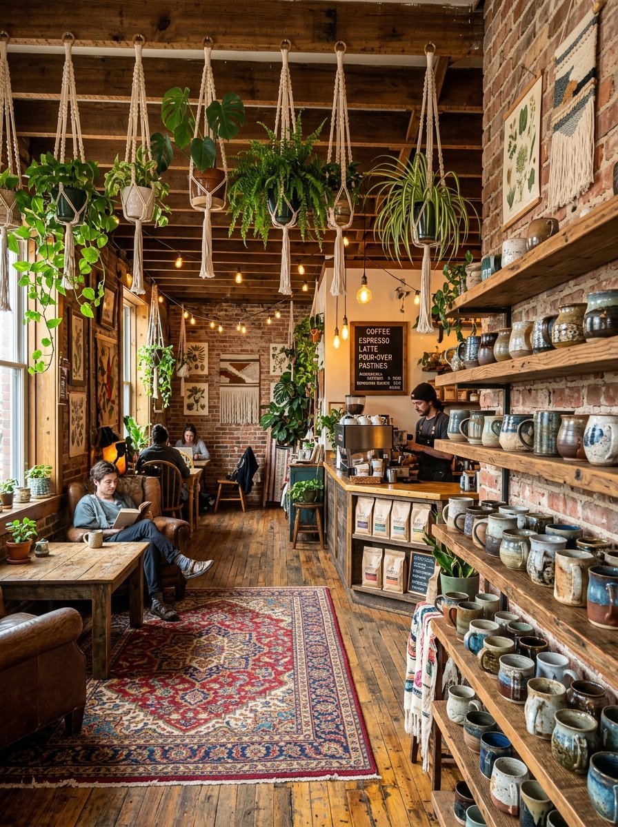 An inviting cafe interior with exposed brick walls, wooden shelves full of mugs, and a man reading in a leather chair.