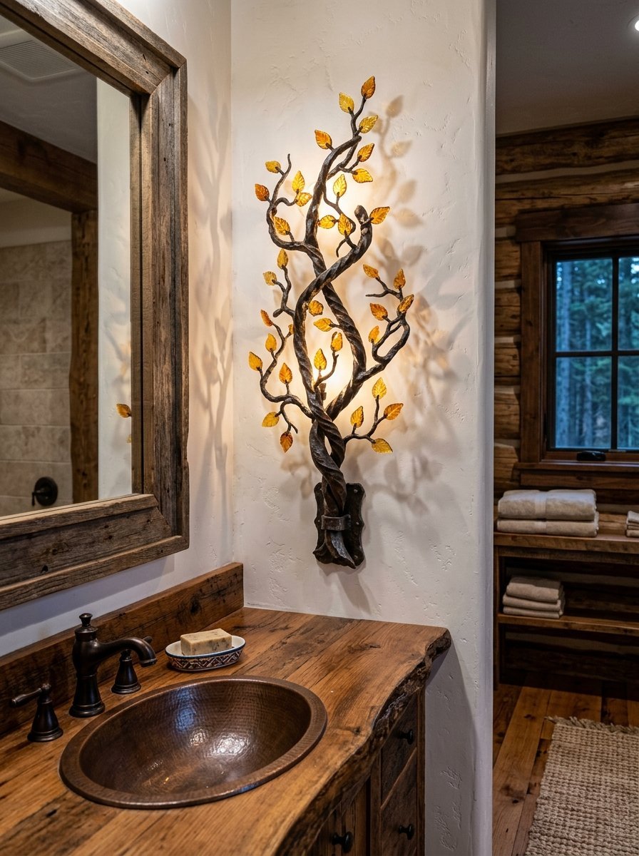Decorative metal tree lamp with amber leaf accents mounted on a white wall above a live edge wooden vanity.