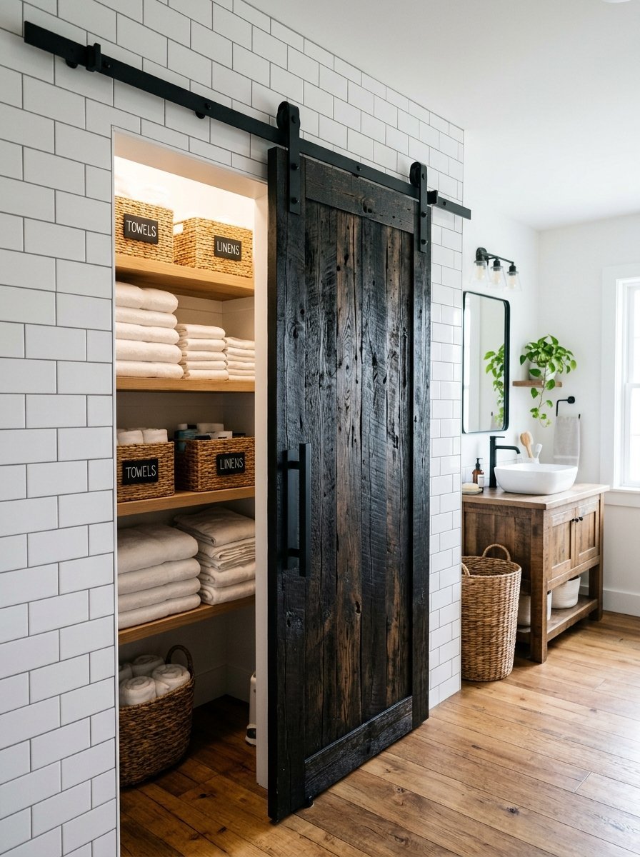 A wooden sliding barn door on white subway tile next to a bathroom vanity with organized towels in woven baskets.
