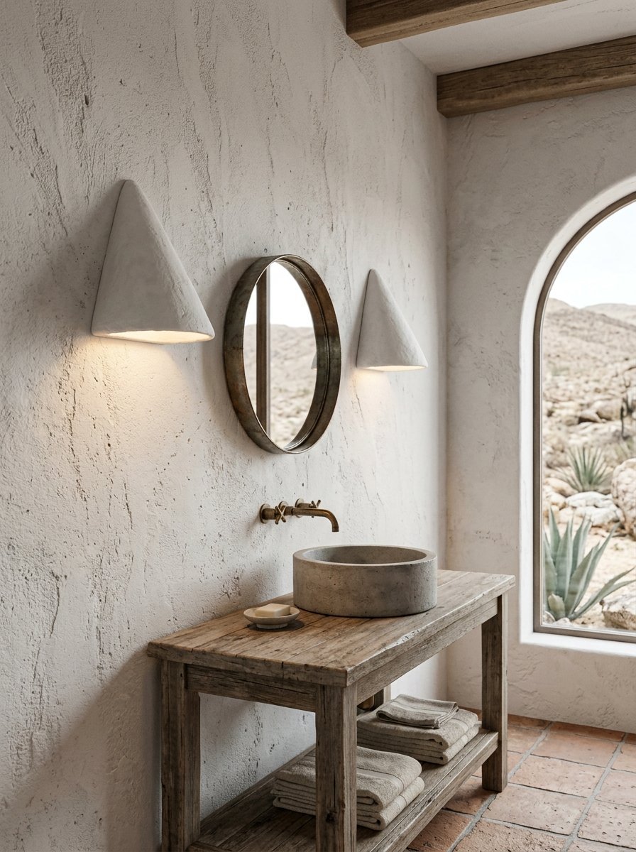 A rustic bathroom with a stone sink, wooden table, and arched window overlooking a desert landscape.