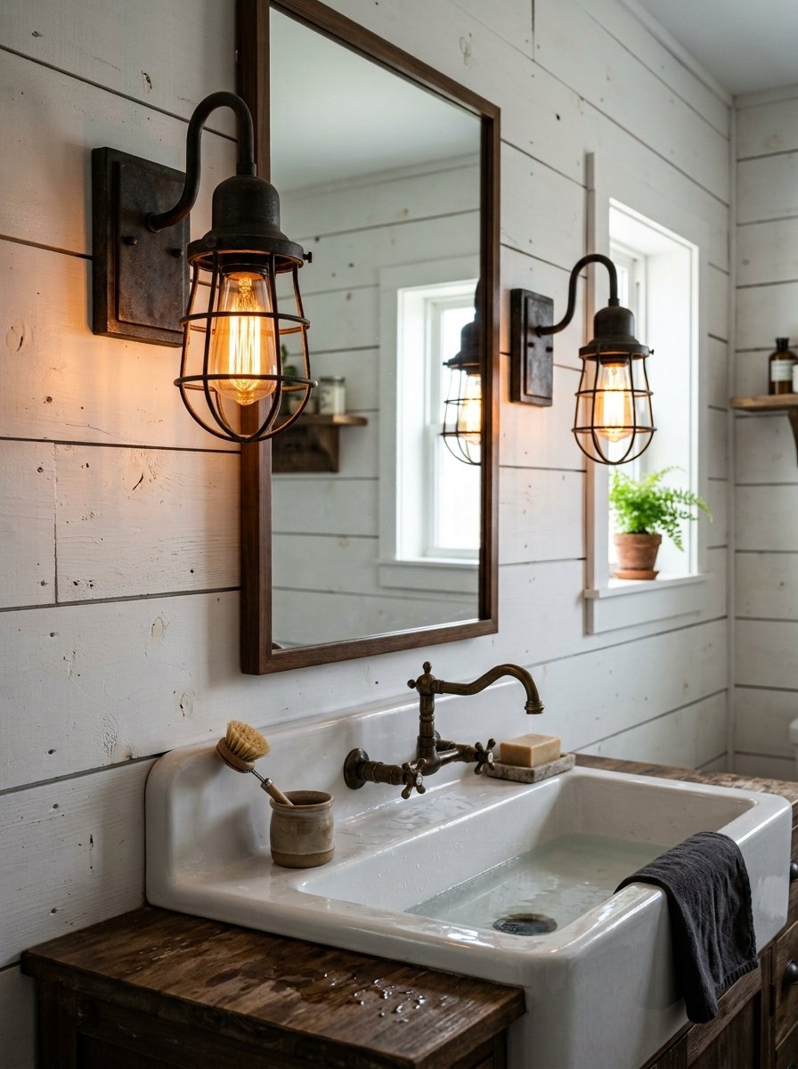 Farmhouse bathroom featuring white shiplap walls, twin industrial lights, and a white porcelain basin on wood.