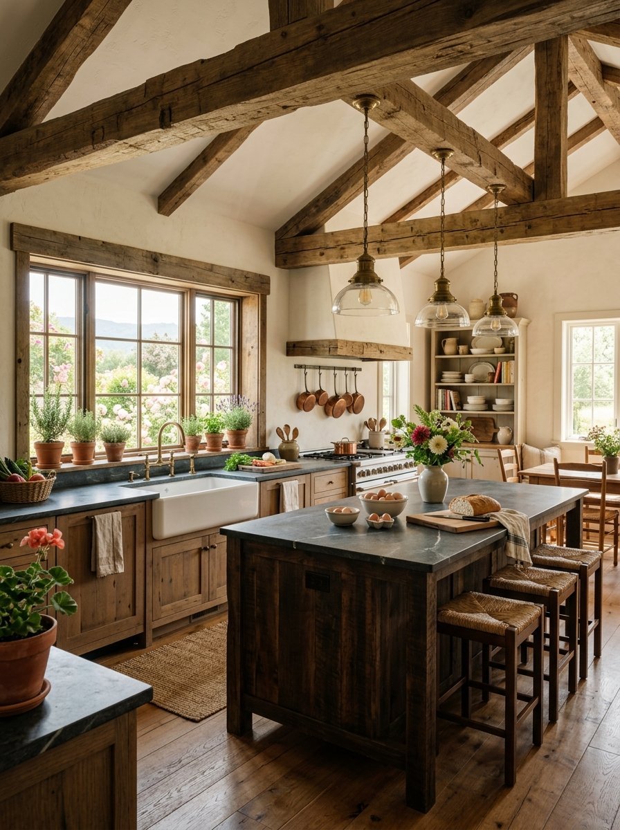 A rustic kitchen with a wooden island, apron sink, exposed beams, and hanging pendant lights.