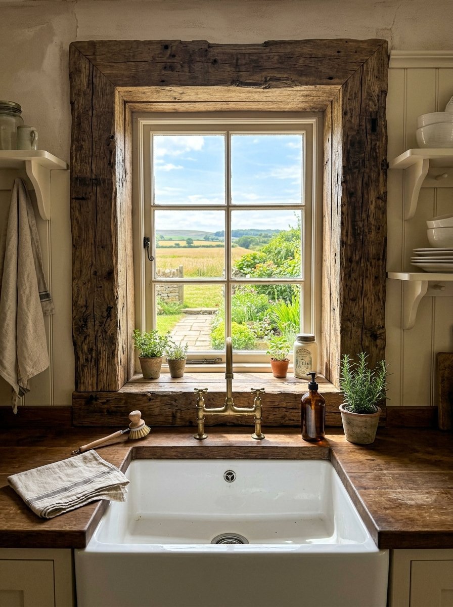 Farmhouse kitchen featuring a white apron sink, wooden countertop, and a window framed by rustic reclaimed timber.