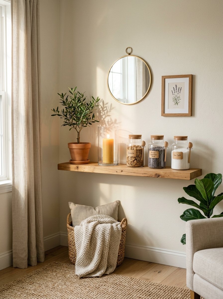 A rustic wooden wall shelf displays glass pantry jars, a candle, and a potted plant near a round wall mirror.