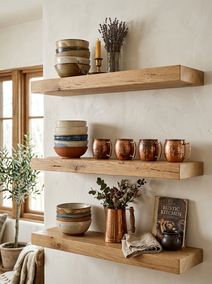 Wooden wall shelves holding copper mugs, stacks of ceramic bowls, a pitcher, and a cookbook on a textured wall.