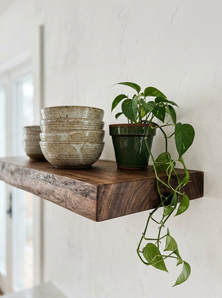 Rustic floating wooden shelf holding speckled bowls and a potted pothos plant on a white wall.