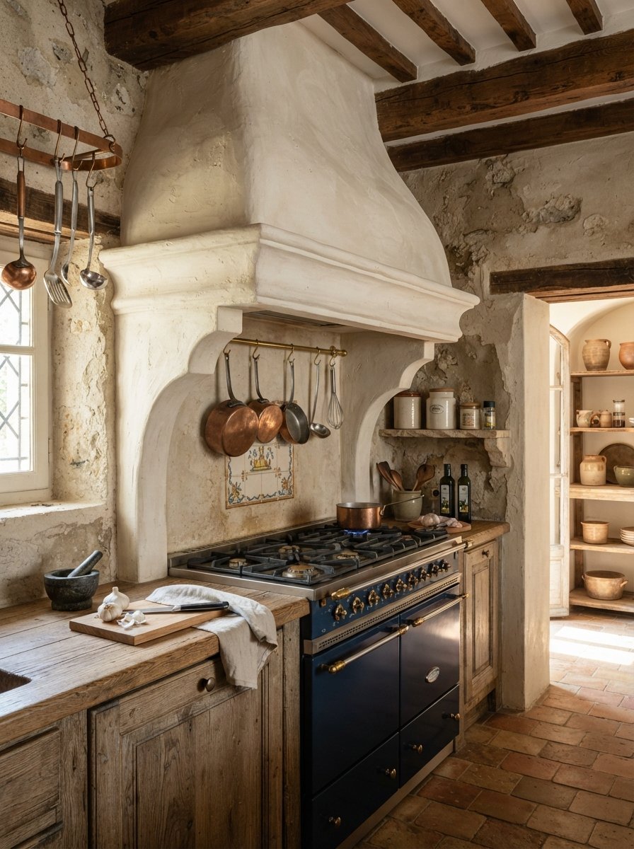 Rustic kitchen with a blue stove, copper cookware hanging on walls, and exposed stone textures.