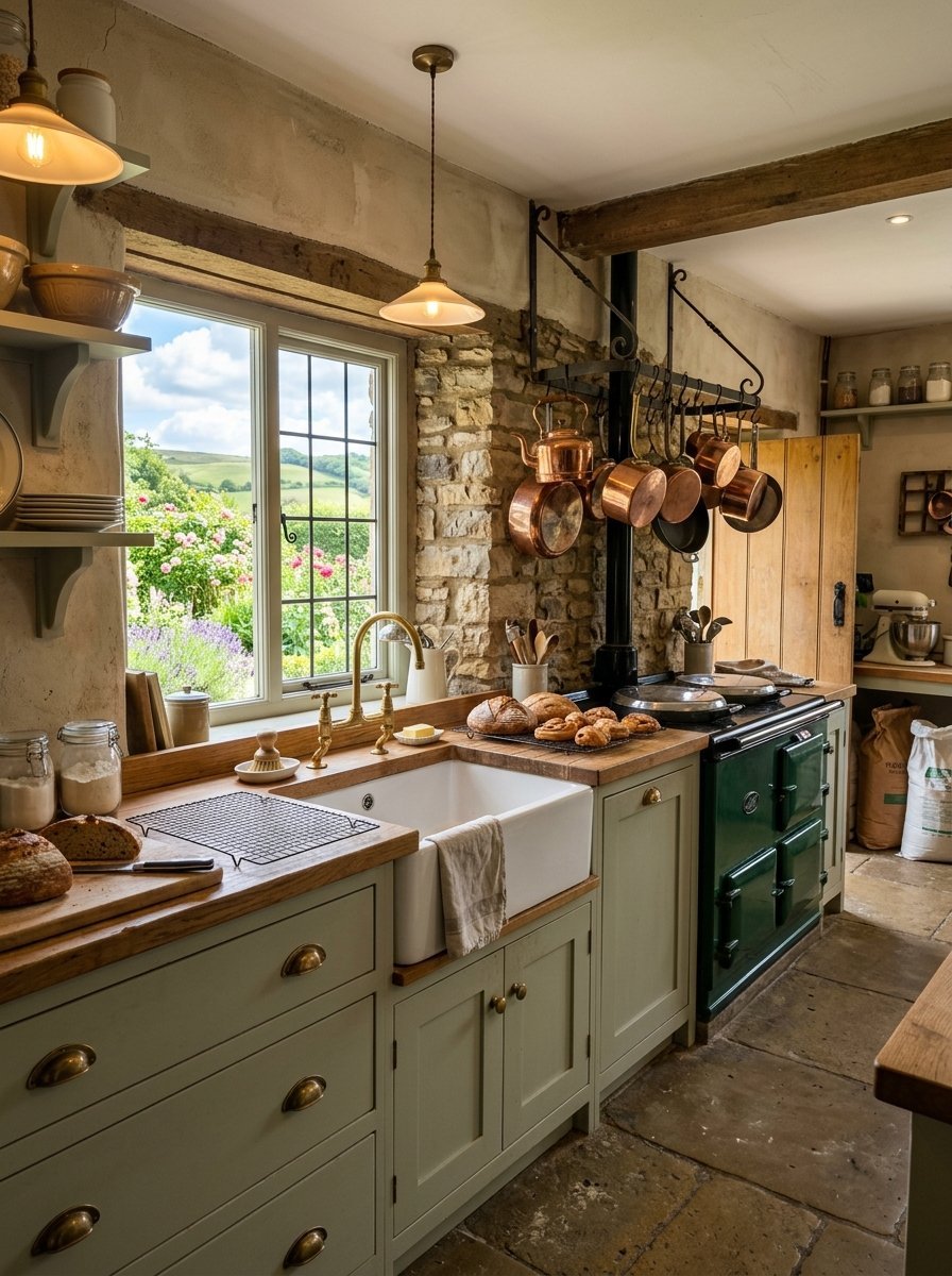Farmhouse kitchen with green cabinetry, a white apron sink, stone wall, and a view of a garden through the window.
