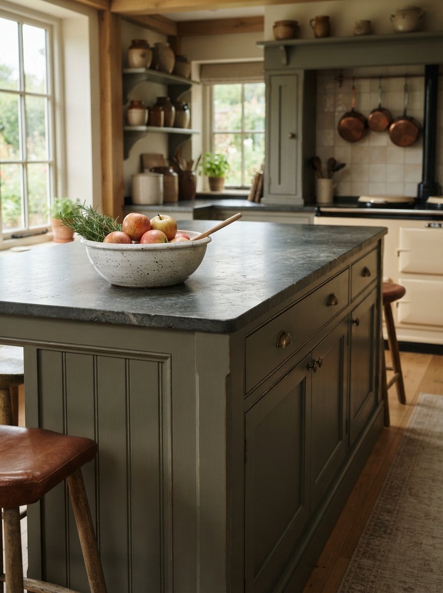 A dark green kitchen island featuring a slate surface with a bowl of red apples and brown leather stools.