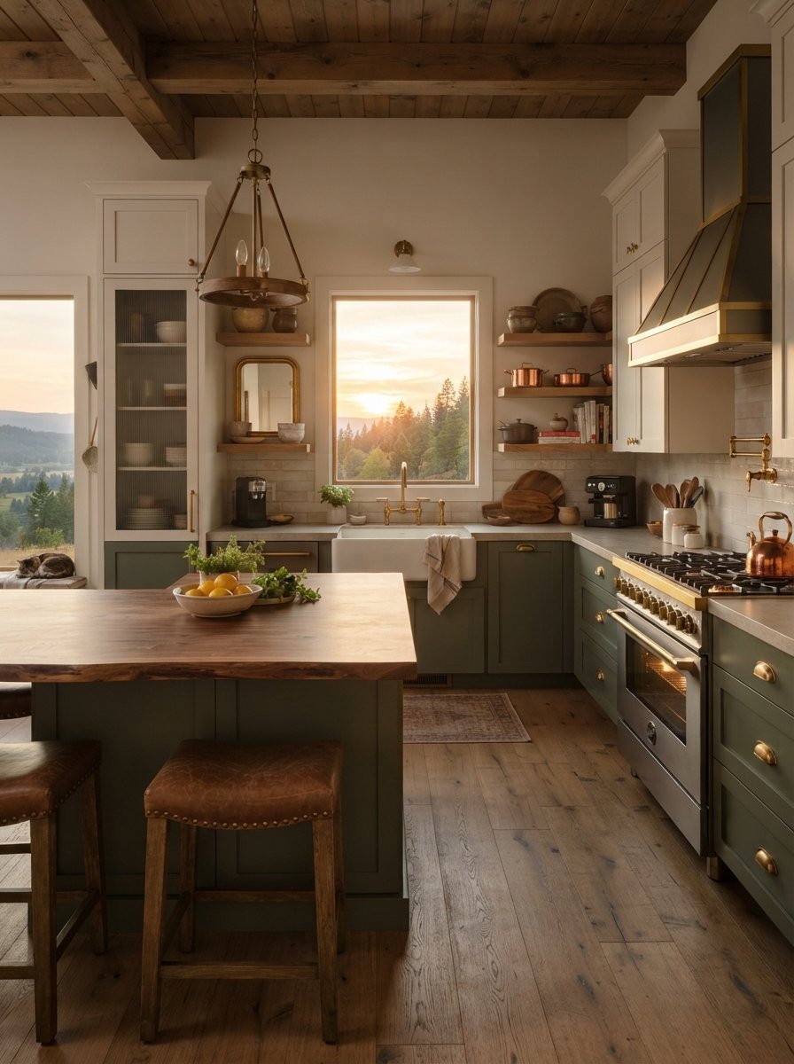 A rustic kitchen with forest green cabinets, a wood island, and a window overlooking a pine forest at sunset.