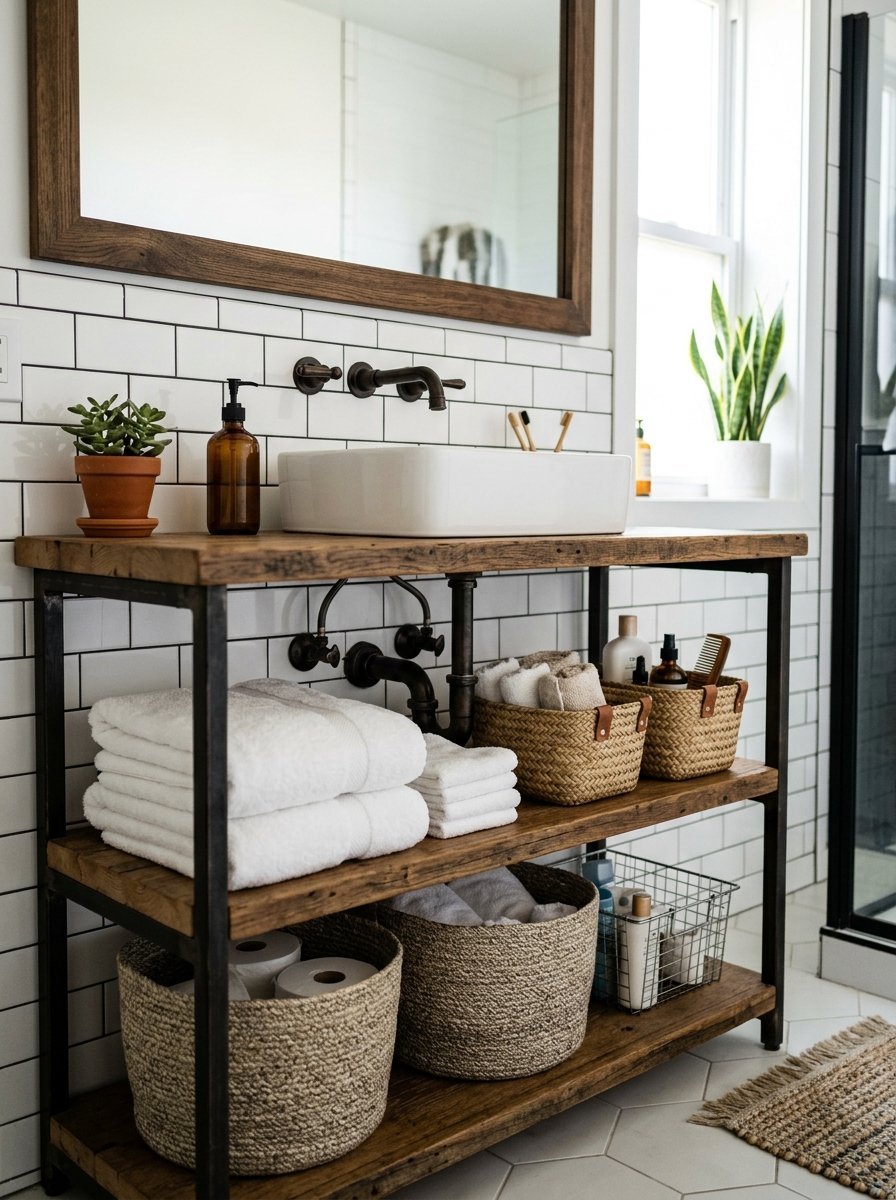 Open industrial-style wooden vanity with white towels, woven storage baskets, and a rectangular sink.