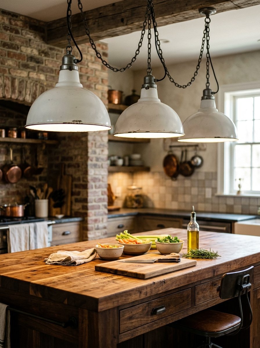 A rustic kitchen island with bowls of vegetables, a knife, and olive oil under three white metal hanging dome lamps.