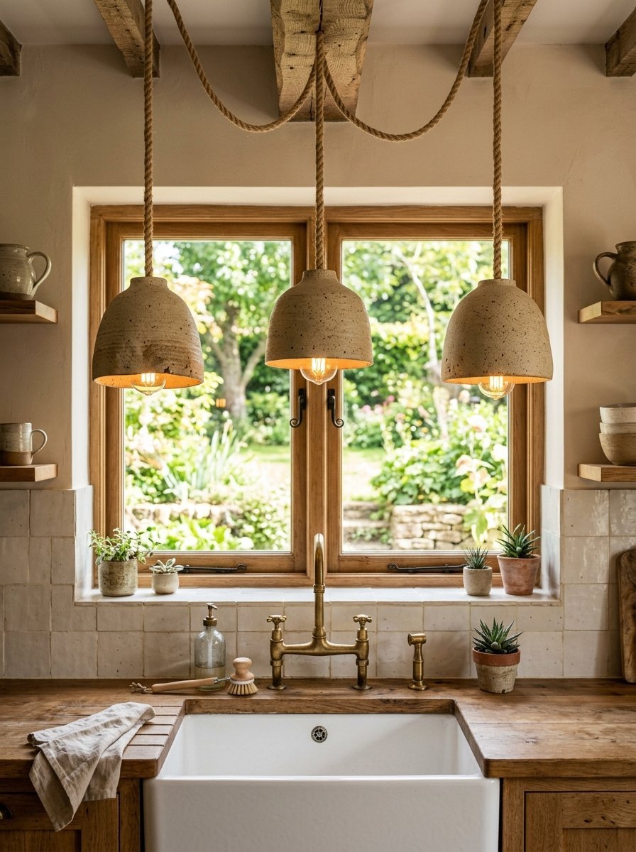 A rustic kitchen window with three ceramic pendant lights suspended by thick rope over a white farmhouse sink.