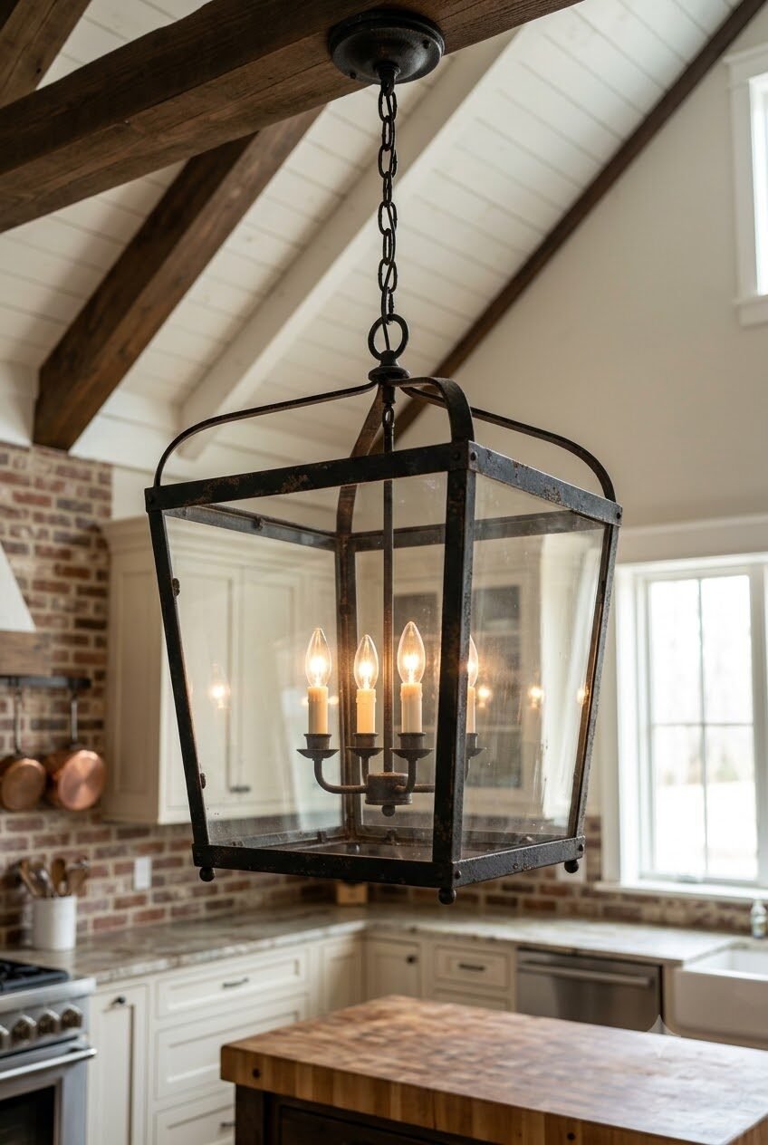 Close-up of a square iron lantern chandelier with four candle-style bulbs inside a rustic kitchen.