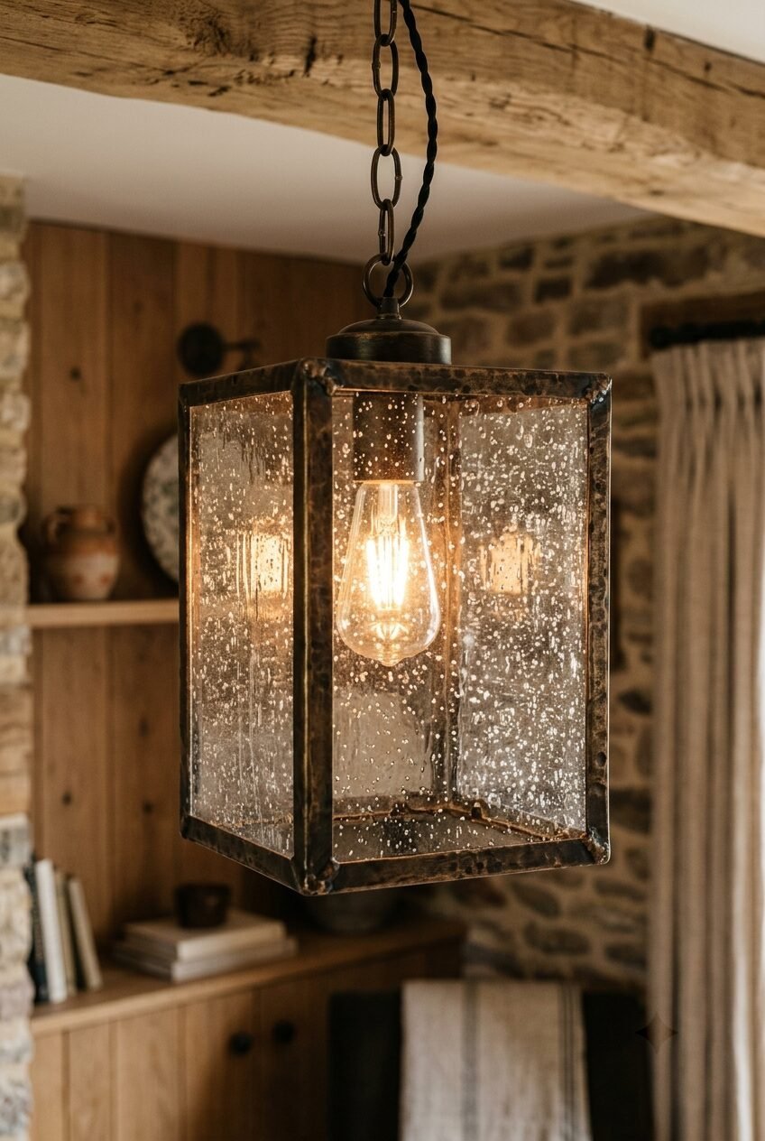 A rectangular hanging lamp with seeded glass panels and a glowing vintage-style filament bulb.