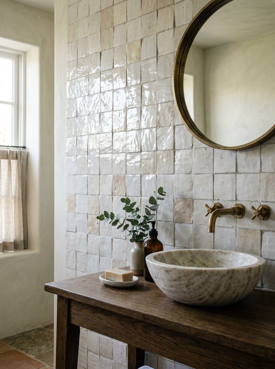 Round marble basin on a dark wood counter against a wall of handmade glazed square tiles.
