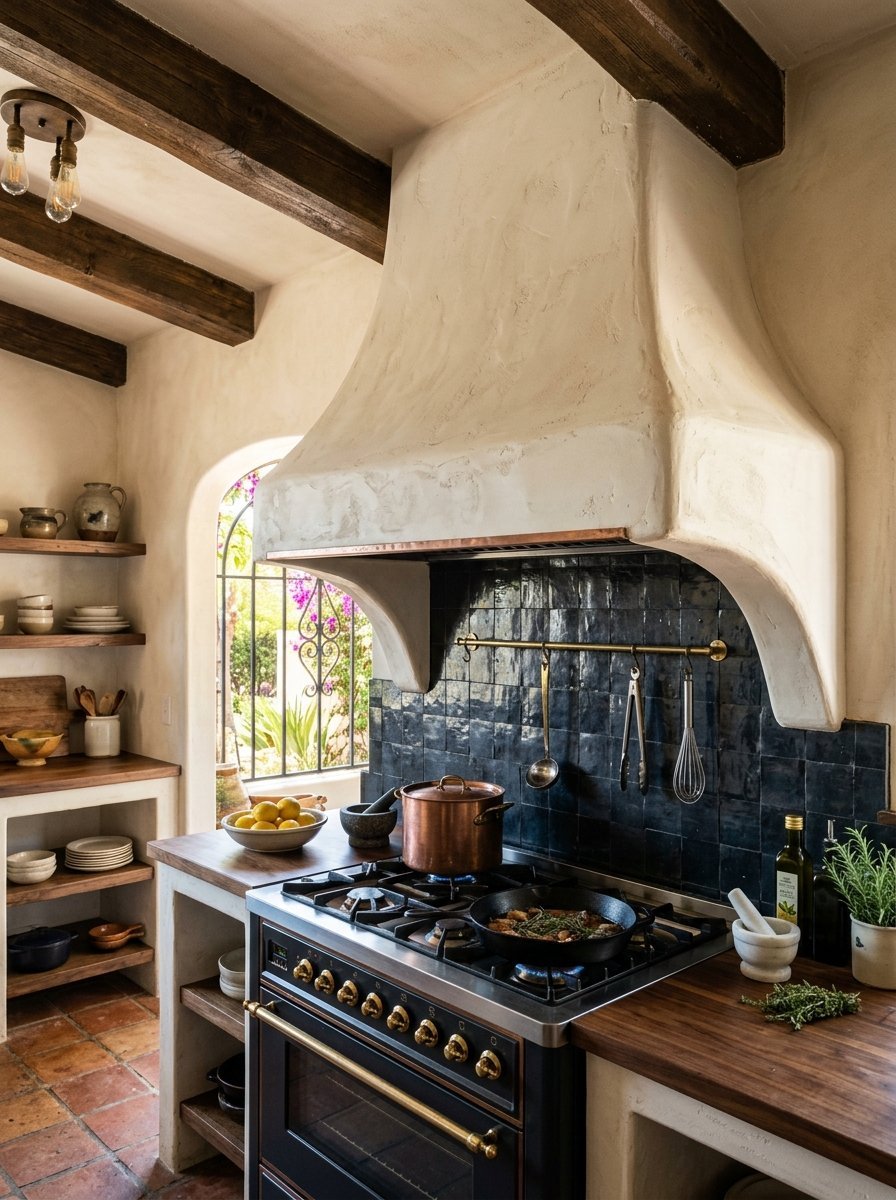 A rustic kitchen featuring a large plaster hood over a black stove with dark blue backsplash tiles and wooden shelves.