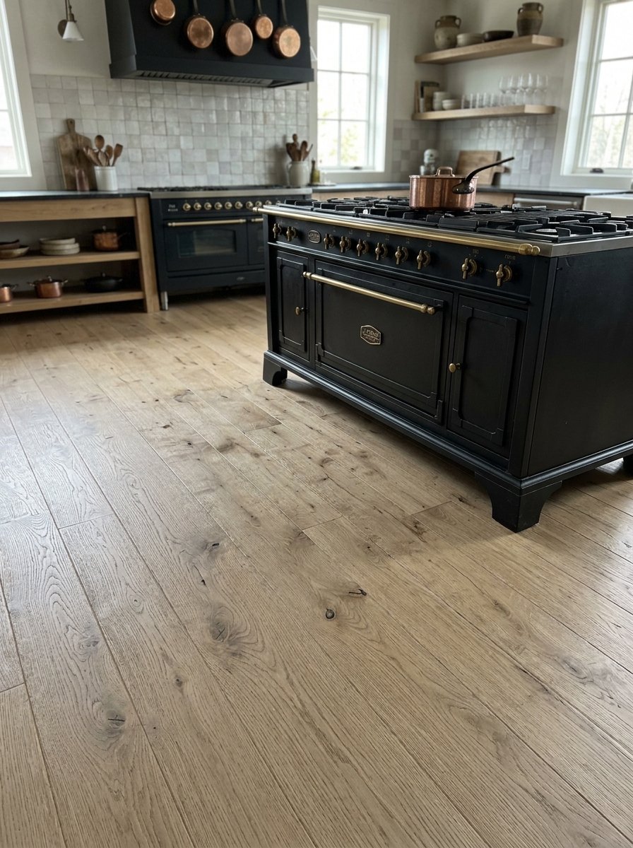 Wide plank light oak wood floors in a high-end kitchen with a black French range cooker.