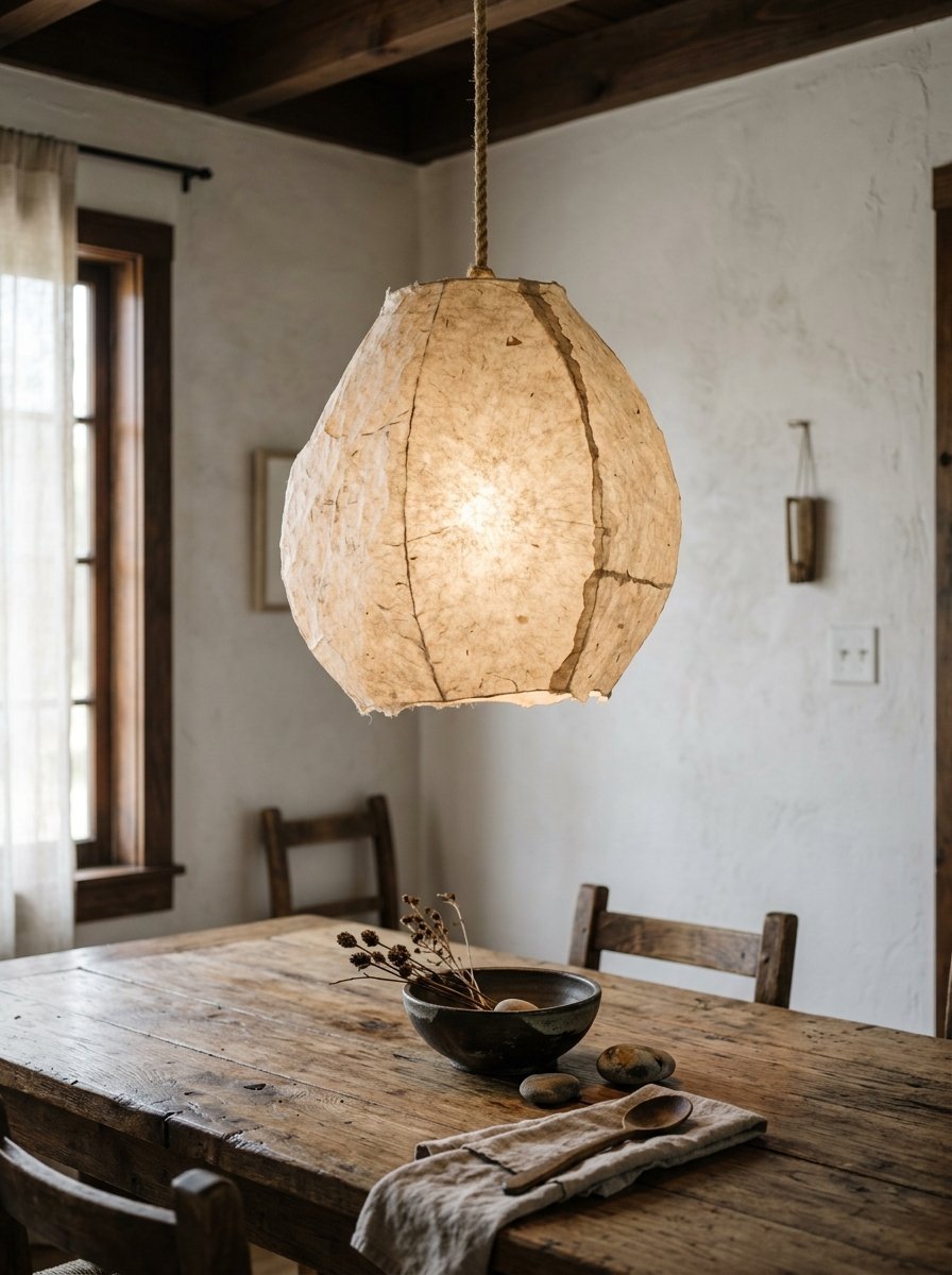 A beige handmade paper lantern hangs over a weathered wooden dining table with a dark bowl and wooden spoon.