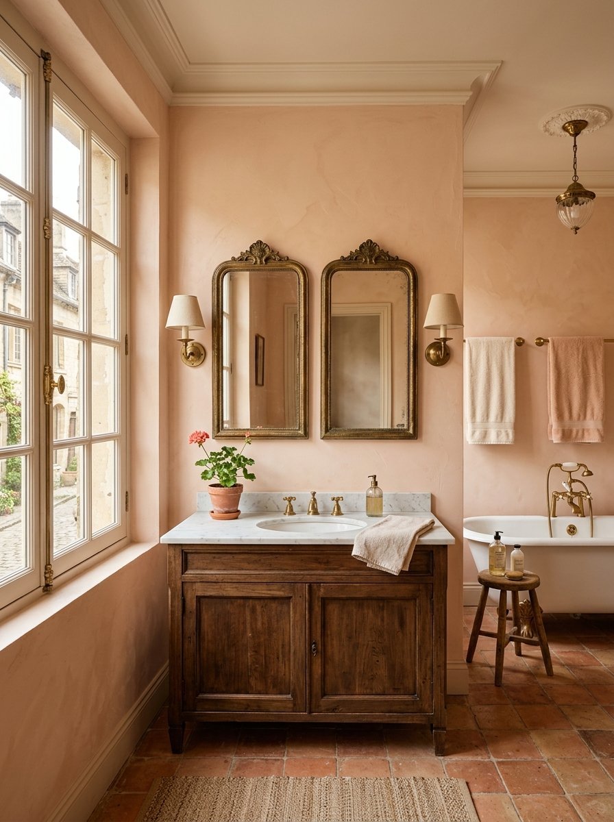 Peach colored bathroom with a dark wood vanity, double brass mirrors, and a freestanding tub on tiled floors.