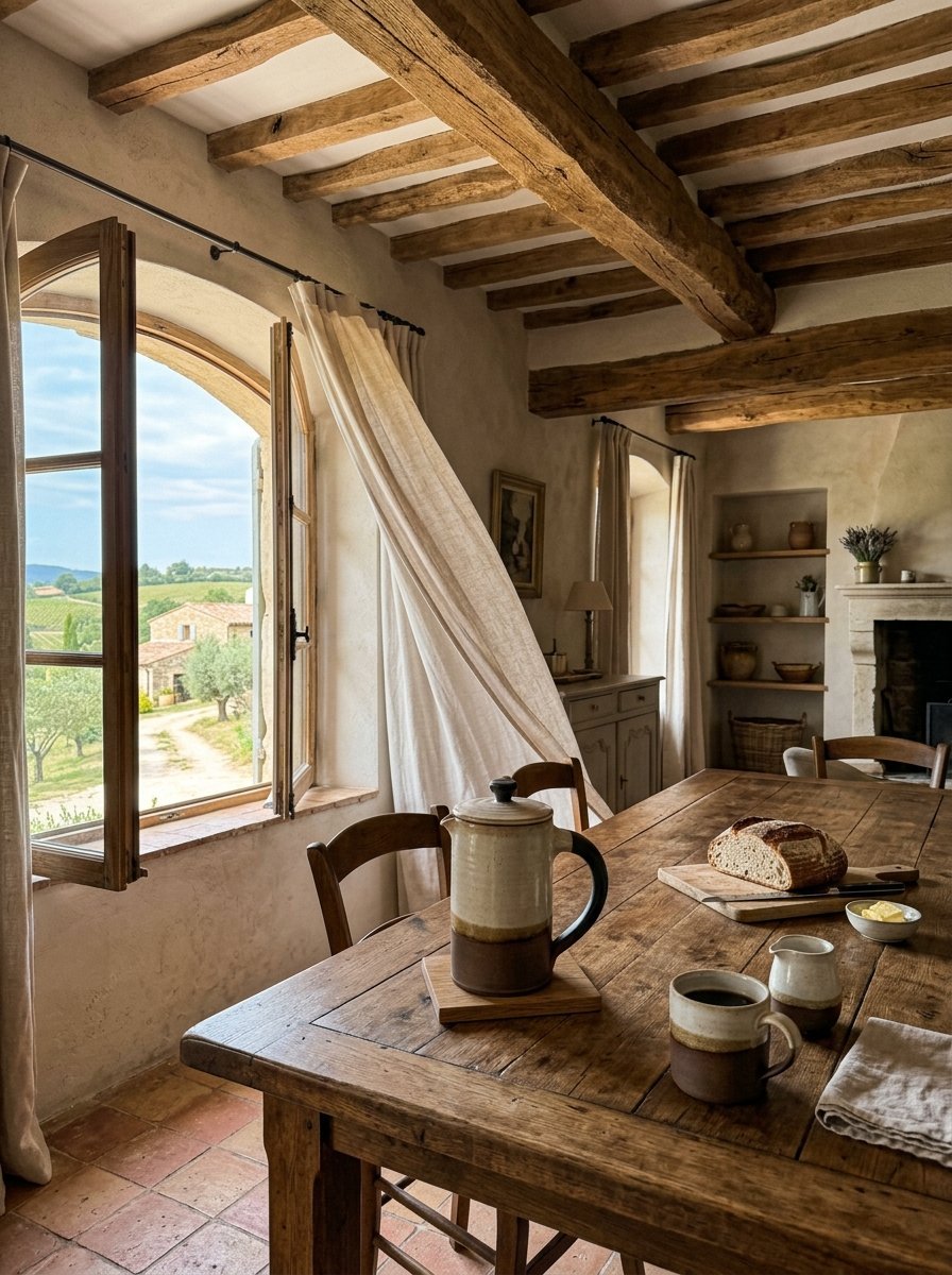 Wooden dining table with coffee and bread overlooking a rolling countryside landscape through an open window.