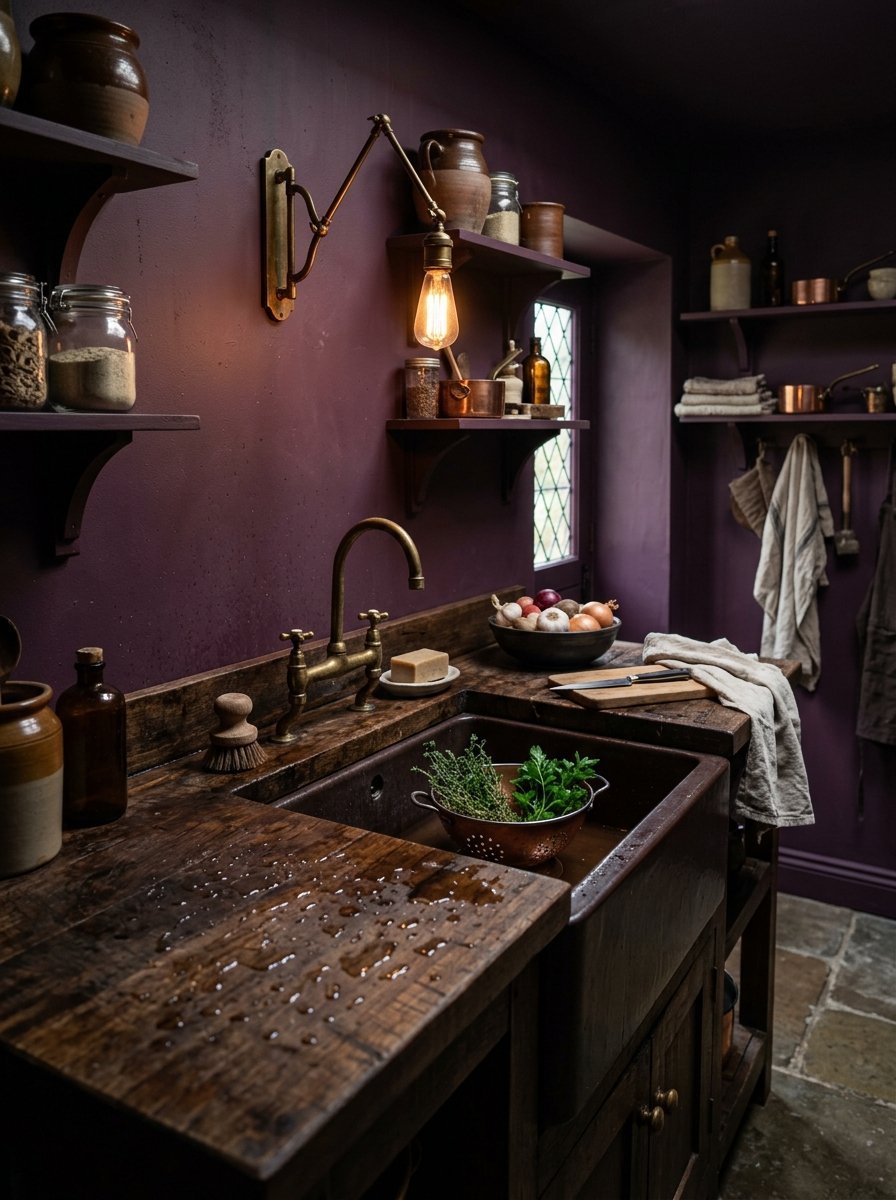 A dark purple kitchen with a wooden countertop, apron sink, and brass faucet illuminated by a wall-mounted light.
