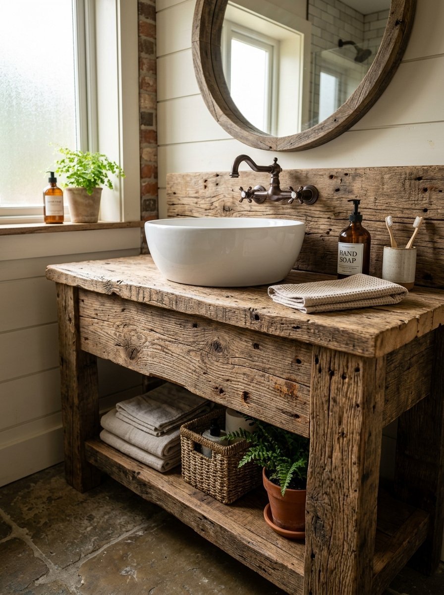 Round white ceramic sink basin sitting atop a weathered reclaimed timber vanity with a woven storage basket below.