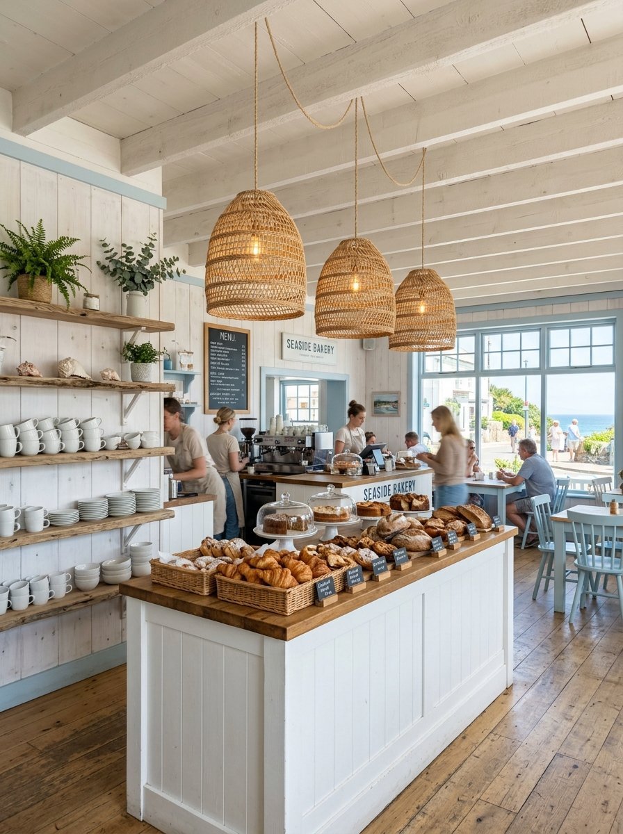 Interior of a bright bakery featuring wicker pendant lights, wooden shelving with mugs, and fresh bread displays.