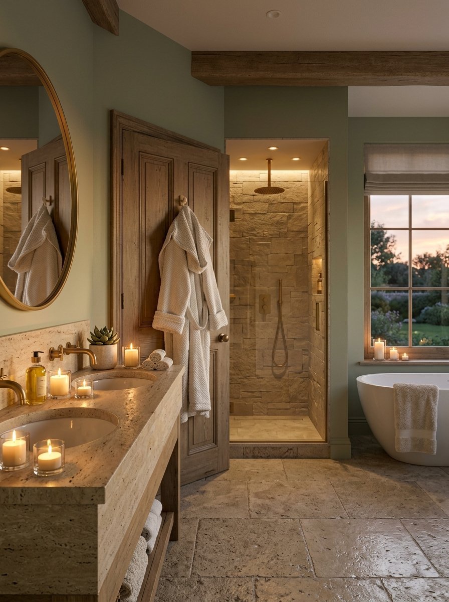 Luxurious bathroom with sage green walls, travertine stone vanity, and a spa-like shower at sunset.