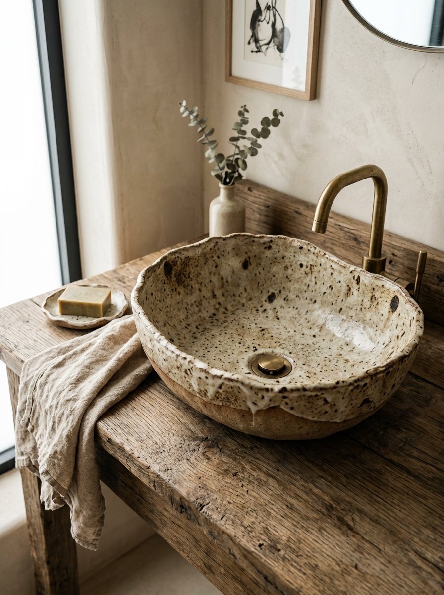 A rustic, uneven ceramic vessel sink with brass hardware sits on a rough wooden bathroom vanity.