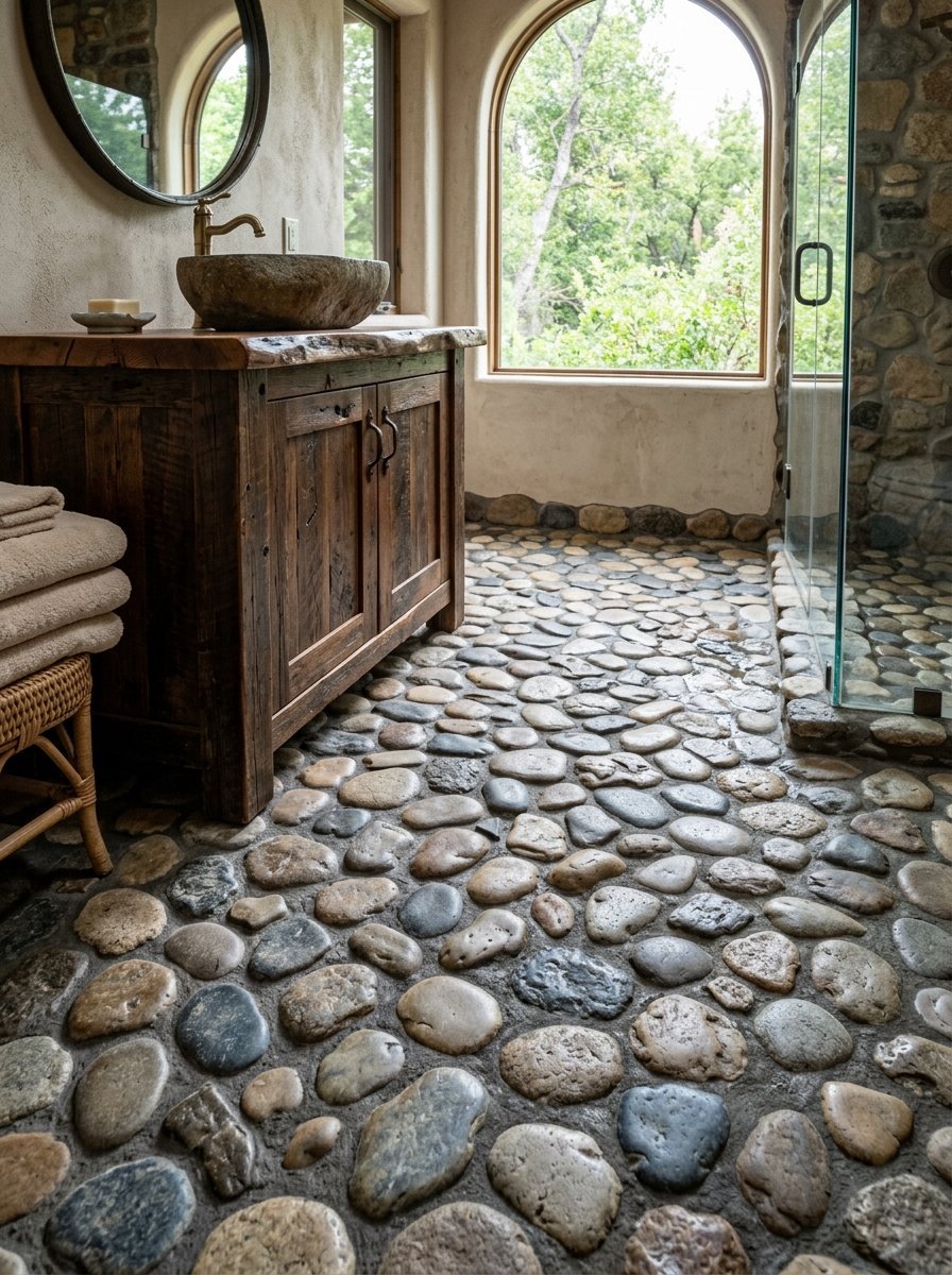 A bathroom with a pebble stone floor, wooden vanity with a stone basin, and an arched window looking out to trees.