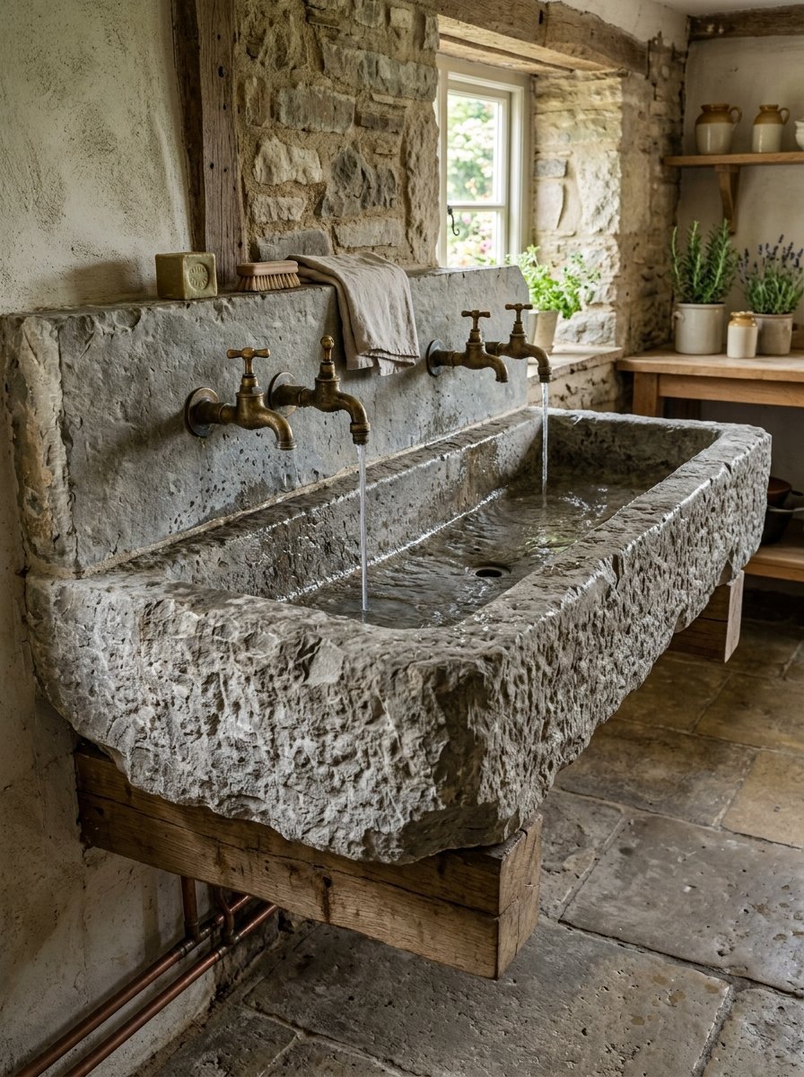 A long, textured stone basin mounted on wood beams with two vintage brass taps running water.