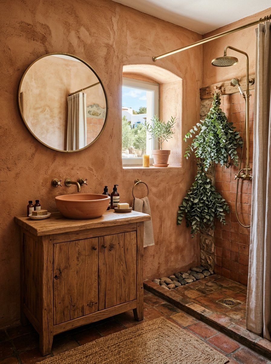 A bathroom featuring terracotta walls, a round mirror, wooden cabinet, and a walk-in shower with hanging eucalyptus.
