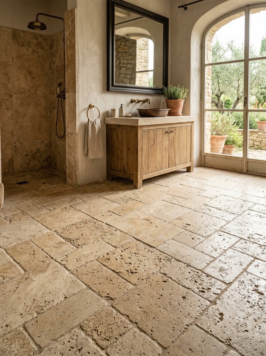 Tuscan style bathroom with natural stone tile floors, rustic wood cabinet, and arched glass doors to a garden.